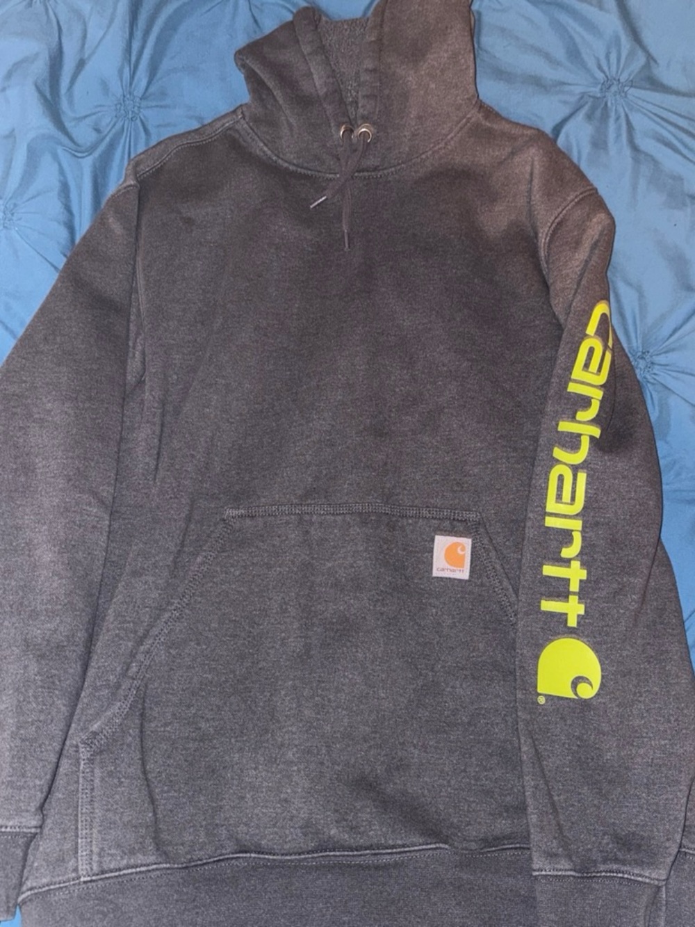 Carhartt Men’s Dark Charcoal Hoodie with Yellow Sleeve Logo